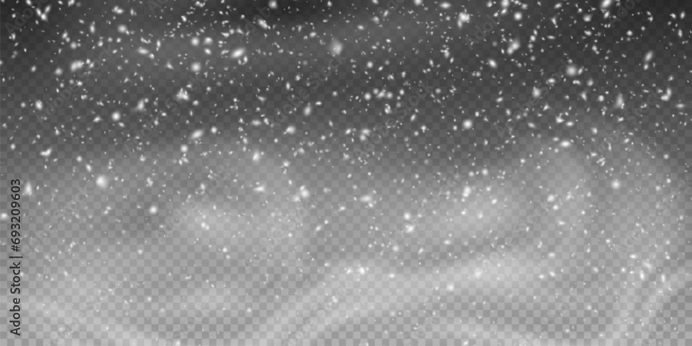 Christmas background with small falling snowflakes. Snow storm effect, blurred, cold wind with snow png. Holiday powder snow for cards, invitations, banners, advertising.