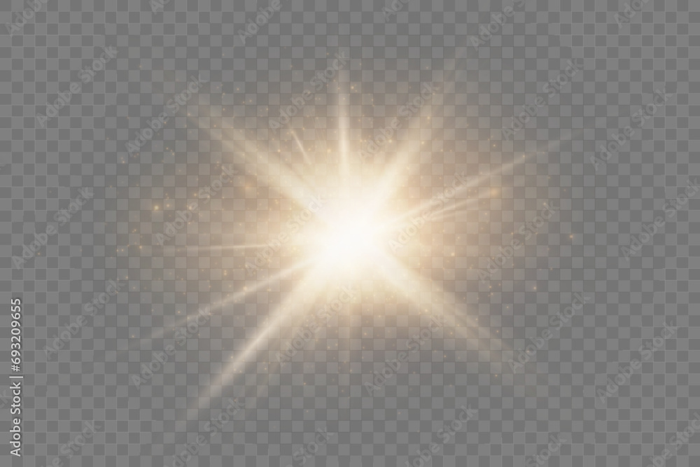 Set of realistic vector gold stars png. Set of vector suns png. Golden flares with highlights.	
