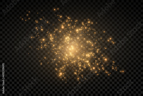 Christmas glowing bokeh confetti light and glitter texture overlay for your design. Festive sparkling gold dust png. Holiday powder dust for cards, invitations, banners, advertising.	
