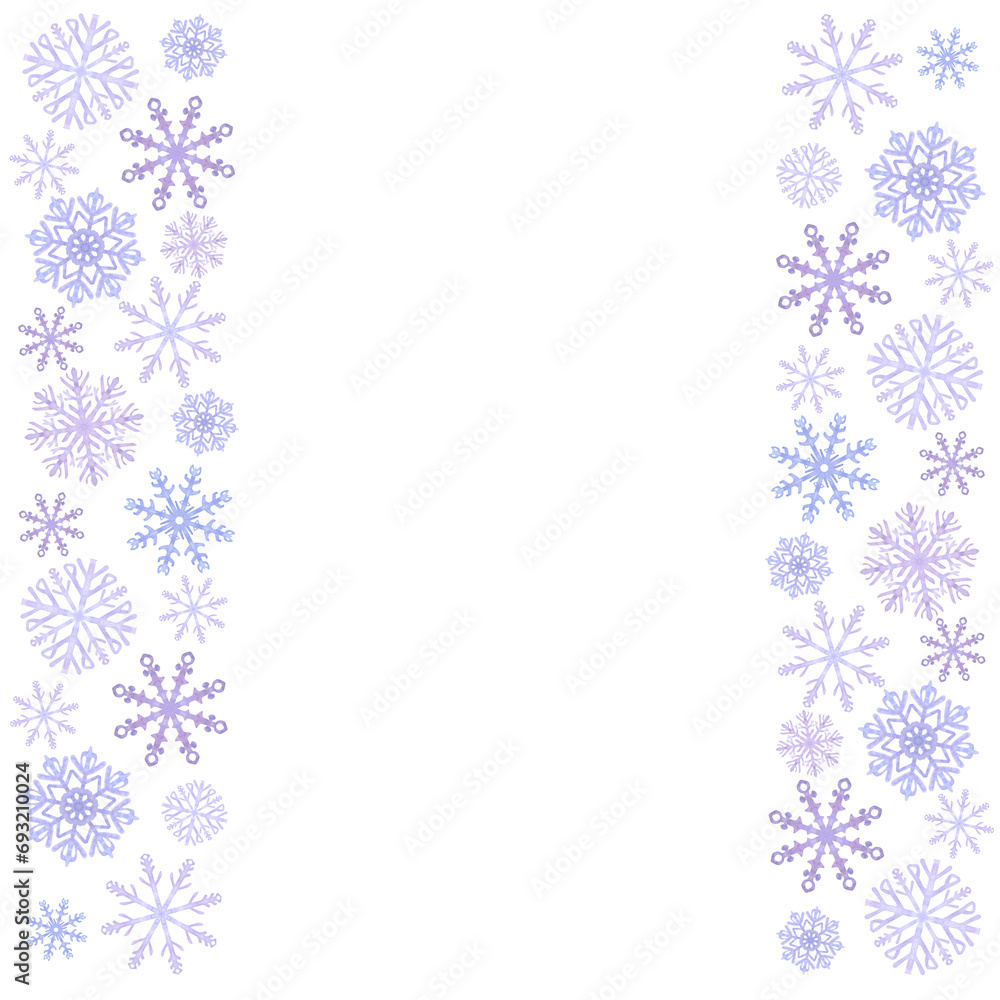 Snowflakes frame, blue lilac frost crystals. Symbol of winter, cold weather. New Year and Christmas holiday card. Hand drawn watercolor illustration isolated on white background. Snowflakes frame, blue lilac frost crystals. Symbol of winter, cold weather. New Year and Christmas holiday card. Hand drawn watercolor illustration isolated on white background.