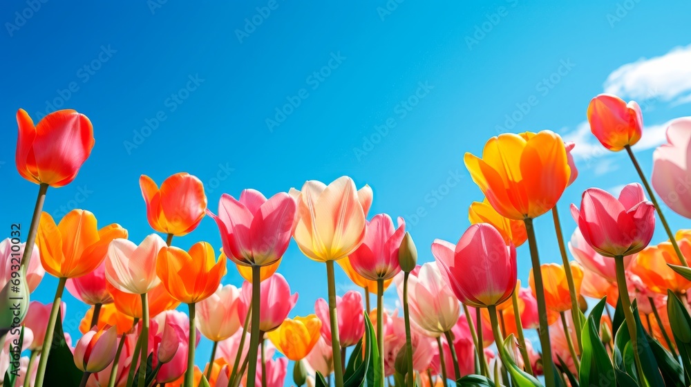 Obraz premium Banner field of blooming colorful tulips in the Netherlands a blue sky background. First spring flowers. Spring time.