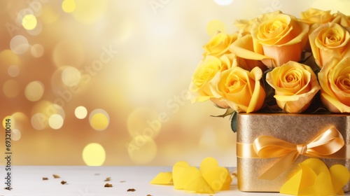 Beautiful Valentine background in yellow color with a white table  Valentine gifts  and flowers with copy space