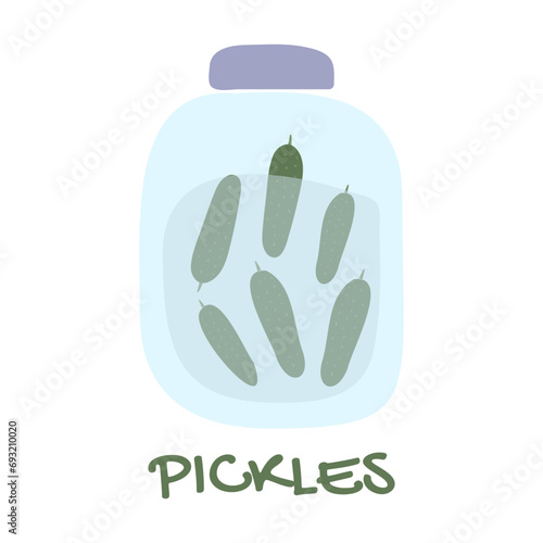 Pickles. Canning small cucumbers in a glass jar. Marinated. Salty. Cooking Home Canned Vegetables. Homemade. Natural vegan food. Doodle style. Preparation. Color image. Vector illustration.