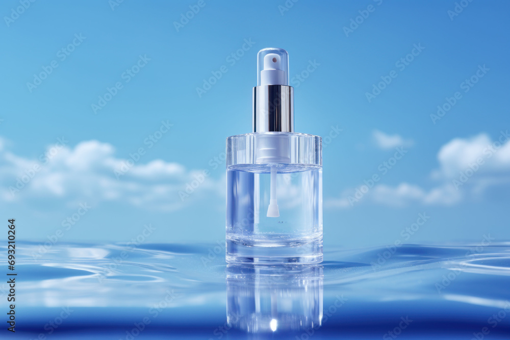 a close up of a bottle of water with a blue sky and white clouds in the background and a blue sky with white clouds and blue water in the foreground. a close up of a bottle of water with a blue sky and white clouds in the background and a blue sky with white clouds and blue water in the foreground.