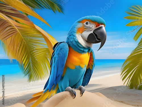 blue and yellow macaw on the beach