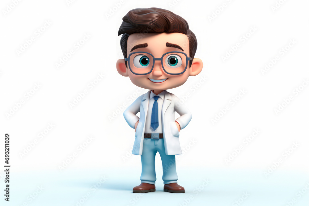 Cheerful doctor posing and smiling at camera, healthcare and medicine, on white background. 3d cartoon character of a doctor