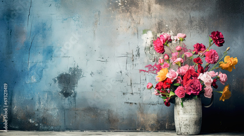 A bouquet of flowers in an old ceramic vase on a wooden table on a blue-gray concrete background with worn and cracked paint with copy space.