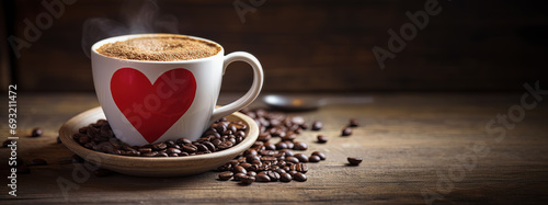 taza de café con un corazón rojo dibujado sobre plato y mesa con granos de café, con fondo oscuro photo