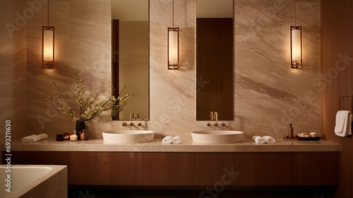 Inviting bathroom space with warm-toned marble  a double vanity  and soft pendant lighting  providing a cozy and stylish retreat.