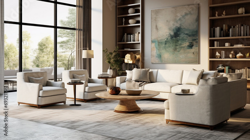 Inviting living room interior with an aesthetic mix of textures, subtle color palette, and stylish furniture, offering a visually pleasing and comfortable environment.
