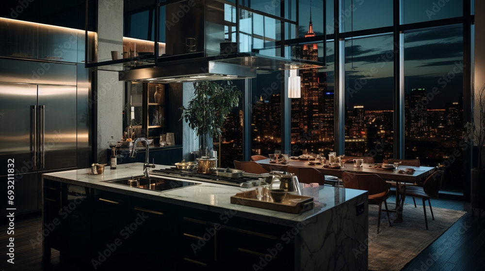 A captivating snapshot of a luxury apartment kitchen, showcasing the brilliance of stainless steel appliances against a backdrop of refined interiors.