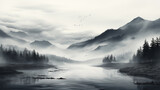 monochrom foggy and minimalistic landscape. Generative AI