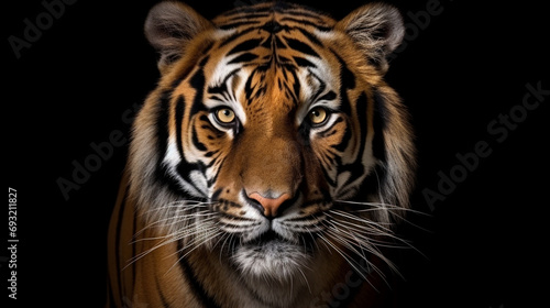 Front view of Sumatran tiger isolated on black background. Panthera tigris sumatrae. generative ai © Witri