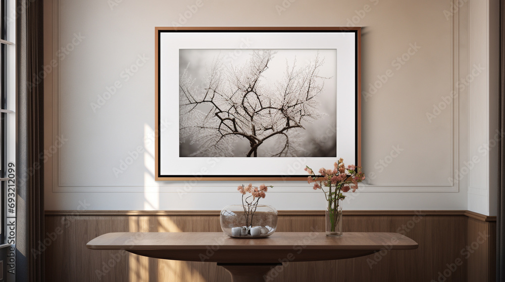 Realistic HD capture of a frame mockup seamlessly integrated into a stylish interior, offering a visually appealing way to showcase artwork or photographs. Realistic HD capture of a frame mockup seamlessly integrated into a stylish interior, offering a visually appealing way to showcase artwork or photographs.