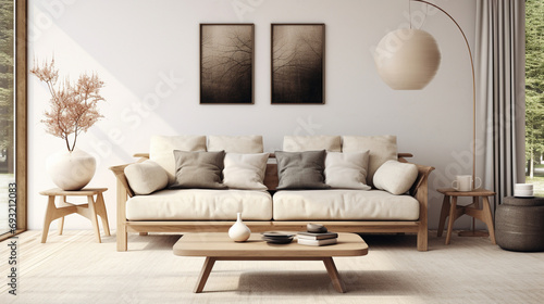 Realistic depiction of a Scandinavian-inspired living room with an HD image showcasing a wooden sofa and dark pillows, offering a perfect blend of simplicity and elegance.
