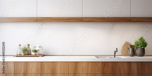 Contemporary interior with white worktop and wooden kitchen cabinets.