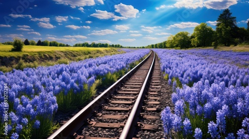  a train track in the middle of a field with blue flowers in the foreground and a sunburst in the sky in the middle of the middle of the picture.