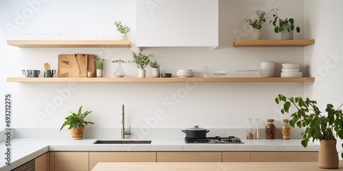Minimalist, environmentally conscious kitchen with open shelving and white accents. © Vusal