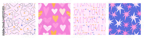 Set of seamless patterns with stars and hearts on the theme of love. Vector illustration in flat style.