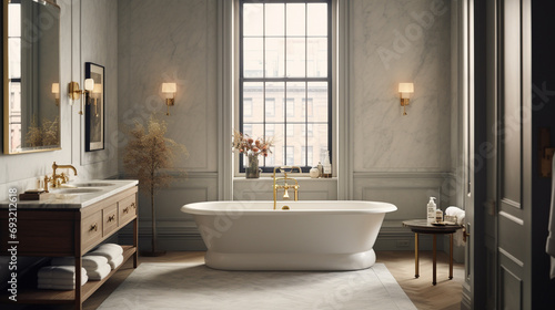 Timelessly chic bathroom featuring honed marble walls  a freestanding tub  and brass fixtures  exuding a sense of understated luxury.