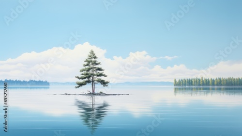  a painting of a lone tree on a small island in the middle of a large body of water with trees in the distance and clouds in the sky above the water.