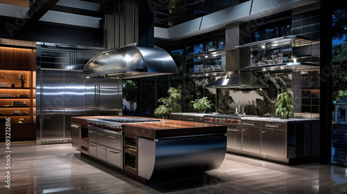 A visual masterpiece unfolds in this high-definition image of a modern kitchen, where stainless steel appliances reign supreme in an atmosphere of opulence.