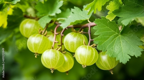 Fresh gooseberry on a branch of a gooseberry Bush in the garden. Close-up view. generative ai © Witri
