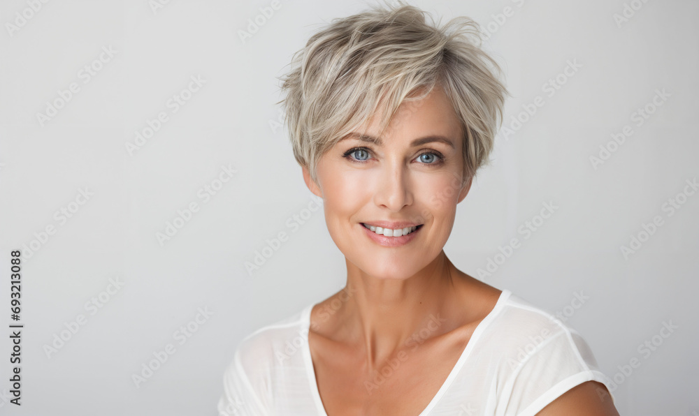 Elegant senior woman with silver hair, maintaining a youthful and healthy appearance through self-care and wellness Elegant senior woman with silver hair, maintaining a youthful and healthy appearance through self-care and wellness