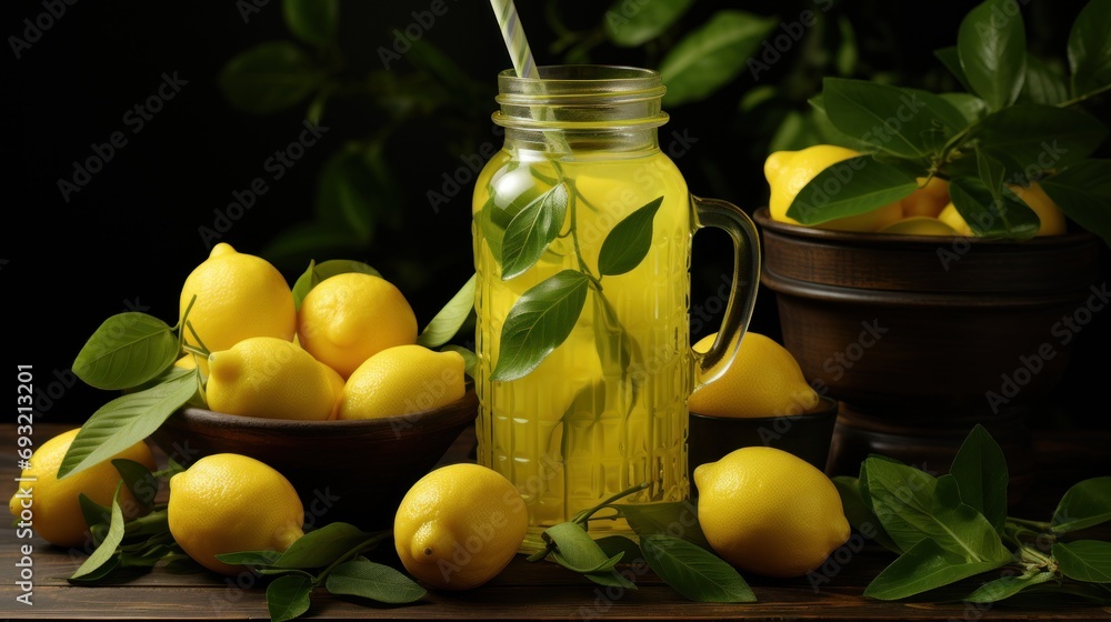 a mason jar filled with lemons next to a pile of lemons and a bowl of lemons with a straw sticking out of the top of the jar. a mason jar filled with lemons next to a pile of lemons and a bowl of lemons with a straw sticking out of the top of the jar.