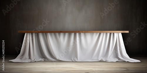 Blank wooden table with fabric or drapery backdrop, open area for product placement, backdrop design. photo