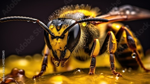  a close up of a yellow and black bee on a piece of yellow and brown material with drops of water on the bottom of its wings and back of its wings. © Olga