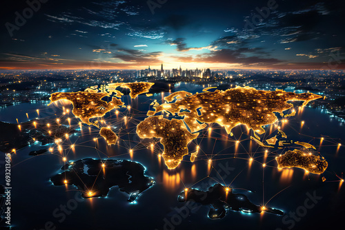 Glowing horizons, World map illuminated with vibrant neon, a visually striking and modern concept captured in this captivating stock illustration.