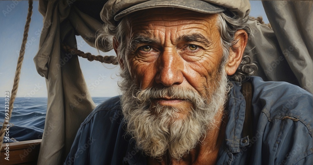 An ultra-realistic portrait of a wise and weathered sailor, capturing every wrinkle, beard strand, and reflection in his eyes- Generative AI An ultra-realistic portrait of a wise and weathered sailor, capturing every wrinkle, beard strand, and reflection in his eyes- Generative AI