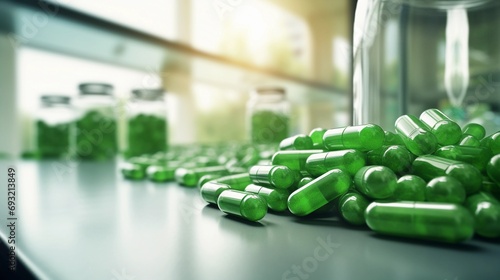 Pills and capsules in jars, green pills on the table in the laboratory photo