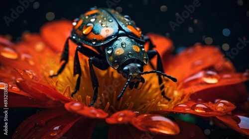  a close up of a bug on a flower with drops of water on it's body and on its back legs, on a dark background of water droplets.