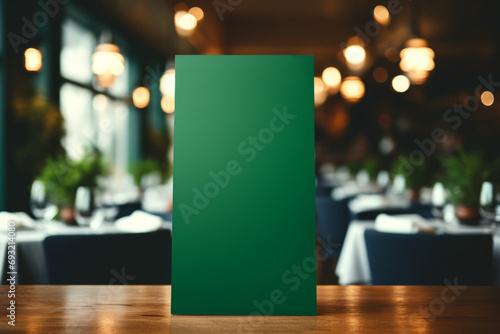 The menu on the table in the restaurant with blurred background. Design template or mockup with copyspace photo