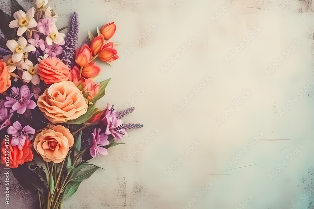Floral grace, Bouquet against a scenic wall, providing space for text and design. A charming and versatile concept for creating captivating stock photos. Floral grace, Bouquet against a scenic wall, providing space for text and design. A charming and versatile concept for creating captivating stock photos.