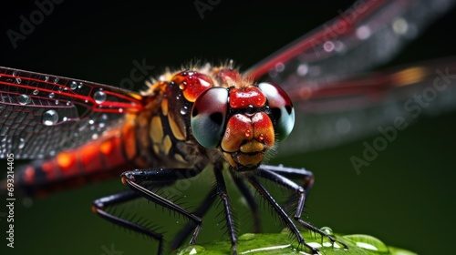  a close up of a red and black dragonfly on top of a green leaf with drops of water on it's wings and a black background with a green background.