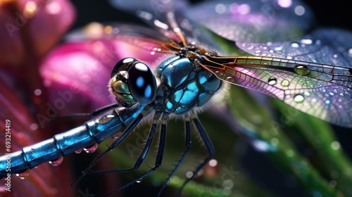 a close up of a blue dragonfly on a flower with water droplets on it's wings and wings, with a black background of pink and purple flowers. © Olga