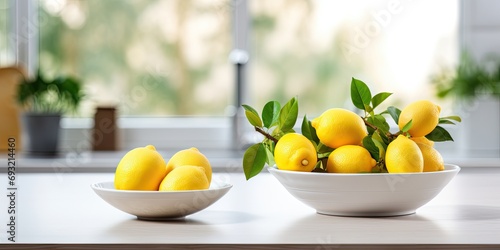 Fresh lemons in modern kitchen on table with bowl.