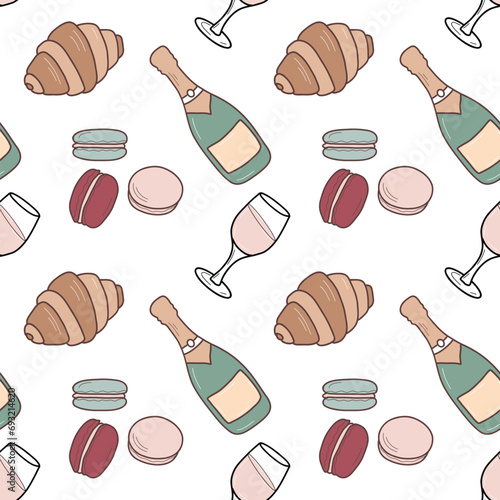 French dessert, pastry seamless pattern. Champagne bottle, croissants and macaroons. Colored vector design for fabric, scrapbooking or packaging.