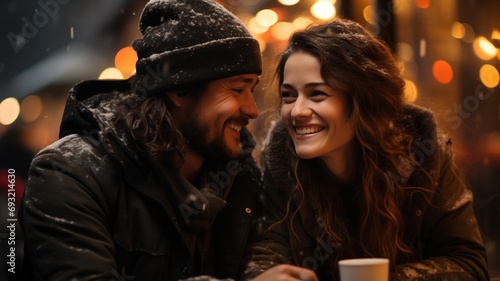 Couple dating or sharing a intimate moment  bundled up in winter gear  shares a warm smile and a cup of coffee in a magical snowy setting.