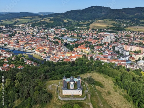 Susice historical town aerial panorama landscape view,aerial cityscape Sumava mountains region,Czech republic,Europe photo