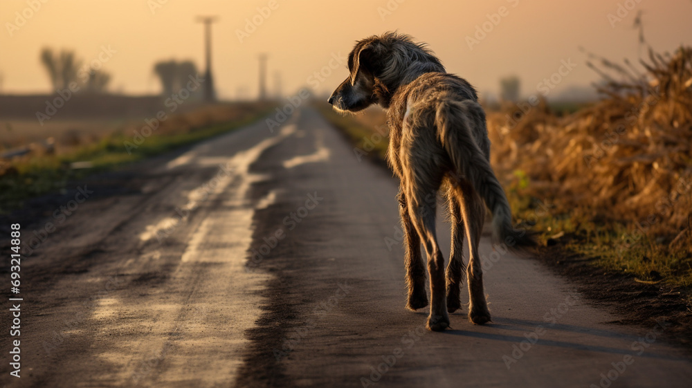 lonely dog walking on the wet country road during day