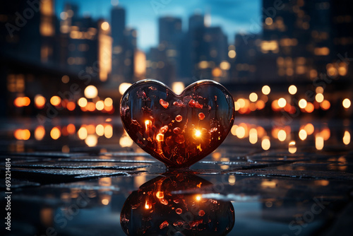 Hearts on night street. Illustration. Valentine's day. Generative AI