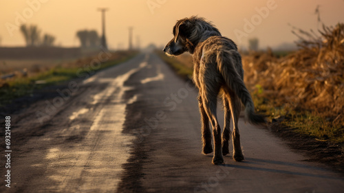Obraz na płótnie lonely dog walking on the wet country road during day w salonie