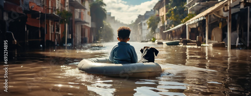 Kid boy and a dog on an inflatable boat in a flooded urban street. Natural disaster.  photo