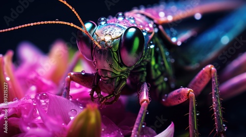  a close up of a grasshopper on a flower with drops of water on it's wings and head, with a black background of pink flowers and purple petals. © Olga