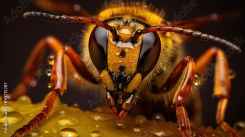  a close up of a yellow and black insect with drops of water on it's back legs and head, with a black background of yellow and brown drops of water. © Olga