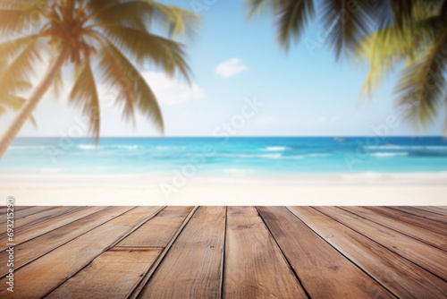 Wood table top or terrace with wooden planks on blue sea water view, summer sky background